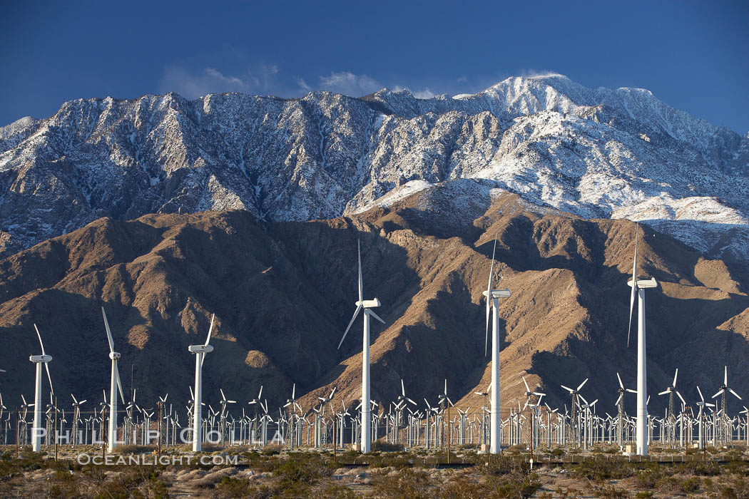 Wind turbines and Mount San Jacinto, rise above the flat floor of the San Gorgonio Pass near Palm Springs, provide electricity to Palm Springs and the Coachella Valley. California, USA, natural history stock photograph, photo id 22241