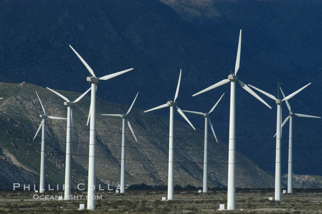 Wind turbines provide electricity to Palm Springs and the Coachella Valley. San Gorgonio pass, San Bernardino mountains. San Gorgonio Pass, California, USA, natural history stock photograph, photo id 06862