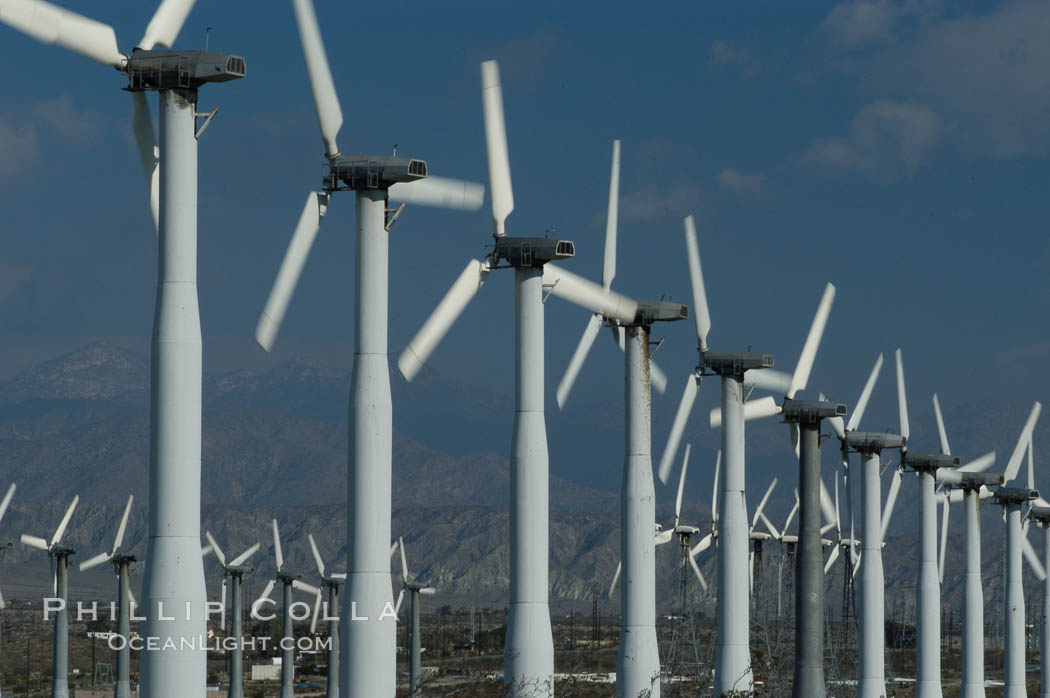 Wind turbines provide electricity to Palm Springs and the Coachella Valley. San Gorgonio pass, San Bernardino mountains. San Gorgonio Pass, California, USA, natural history stock photograph, photo id 06857