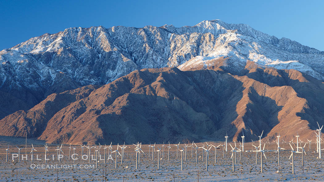 Wind turbines, rise above the flat floor of the San Gorgonio Pass near Palm Springs, with snow covered Mount San Jacinto in the background, provide electricity to Palm Springs and the Coachella Valley. California, USA, natural history stock photograph, photo id 22209