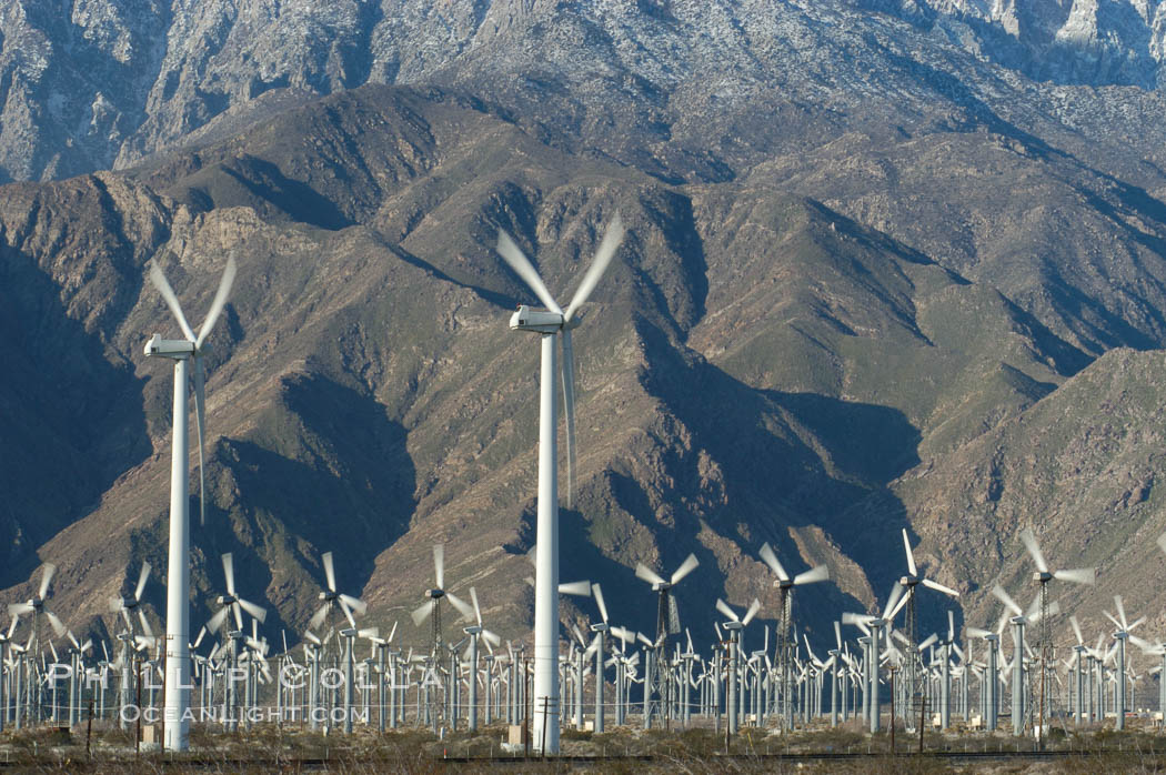 Wind turbines provide electricity to Palm Springs and the Coachella Valley. San Gorgonio pass, San Bernardino mountains. San Gorgonio Pass, California, USA, natural history stock photograph, photo id 06893