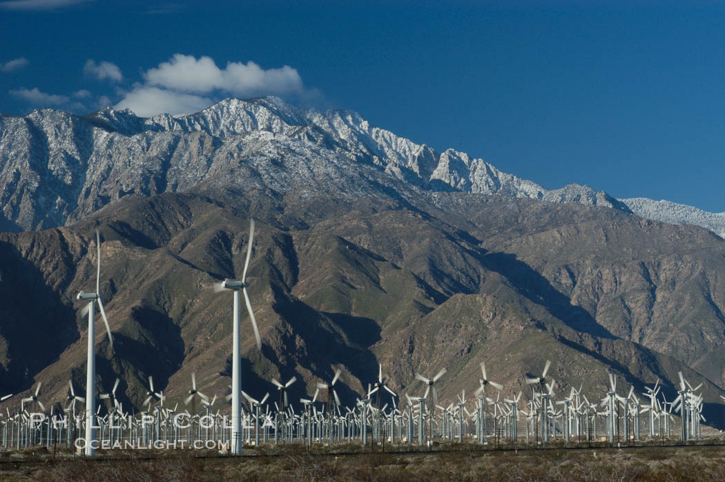 Wind turbines provide electricity to Palm Springs and the Coachella Valley. San Gorgonio pass, San Bernardino mountains. San Gorgonio Pass, California, USA, natural history stock photograph, photo id 06896