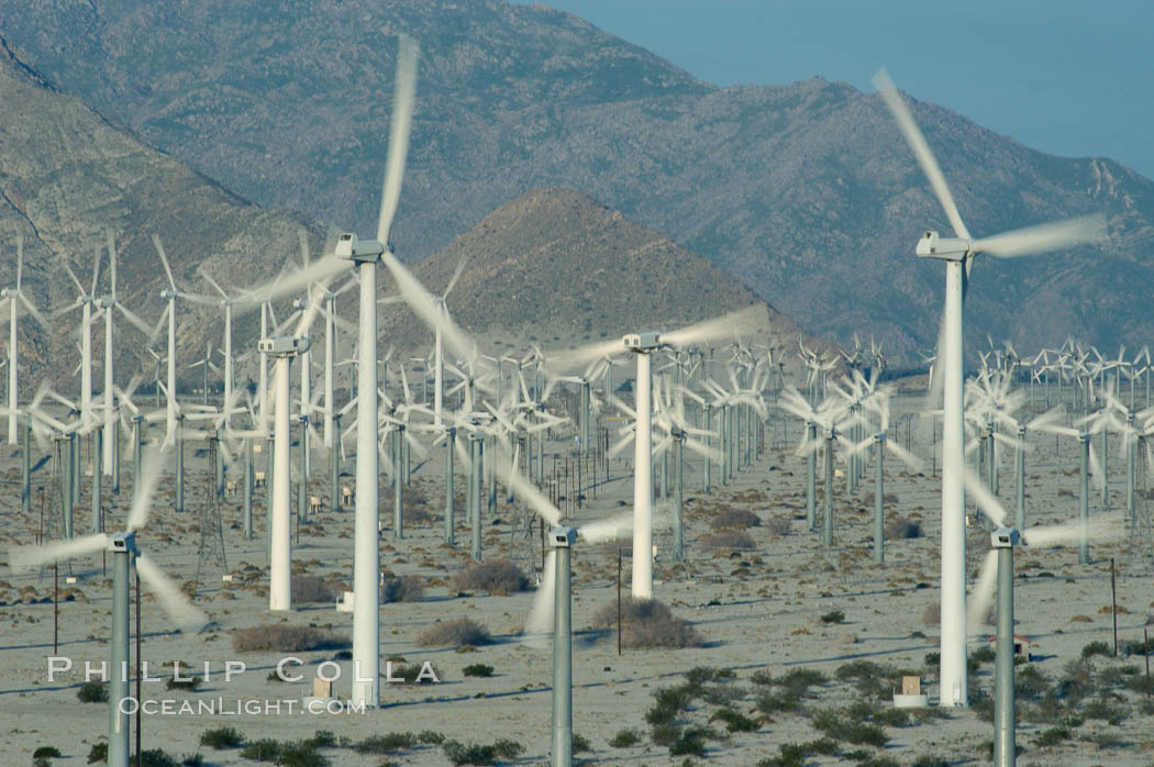 Wind turbines provide electricity to Palm Springs and the Coachella Valley. San Gorgonio pass, San Bernardino mountains. San Gorgonio Pass, California, USA, natural history stock photograph, photo id 06912