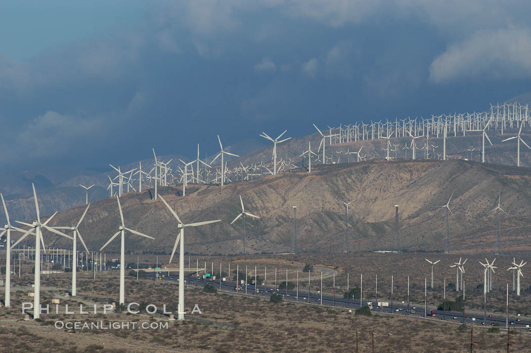 Wind turbines overlooking Interstate 10 provide electricity to Palm Springs and the Coachella Valley. San Gorgonio pass, San Bernardino mountains. San Gorgonio Pass, California, USA, natural history stock photograph, photo id 06913