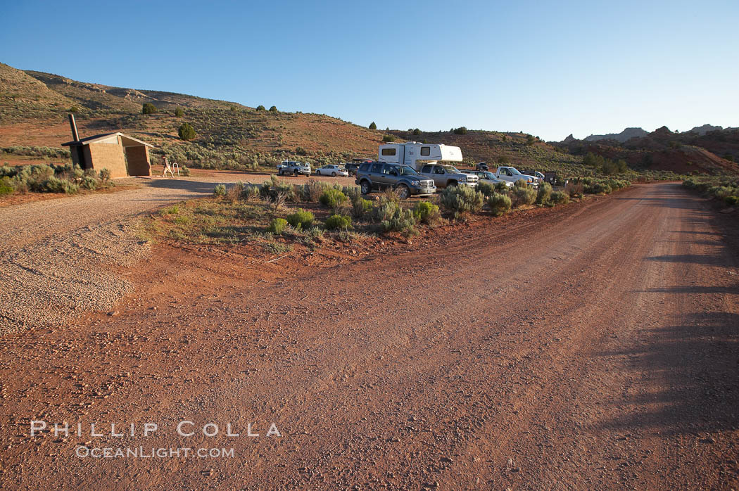 Wire Pass trailhead. The parking lot at the Wire Pass trailhead, early morning, as hikers arrive and set out to Buckskin Gulch, the North Coyote Buttes and the Wave, Paria Canyon-Vermilion Cliffs Wilderness, Arizona