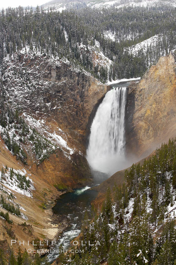 Snow covers the rocks and cliffs around Lower Yellowstone Falls in winter. At 308 feet, the Lower Falls of the Yellowstone River is the tallest fall in the park. This view is from Lookout Point on the North side of the Grand Canyon of the Yellowstone. Yellowstone National Park, Wyoming, USA, natural history stock photograph, photo id 19572