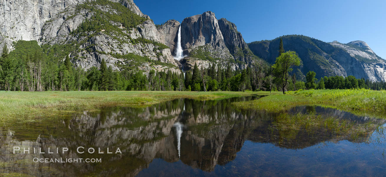 Yosemite Falls reflected in flooded meadow. The Merced River floods its banks in spring, forming beautiful reflections of Yosemite Falls, Yosemite National Park, California