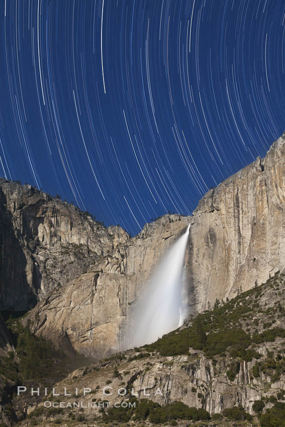 Yosemite Falls and star trails, at night, viewed from Cook's Meadow, illuminated by the light of the full moon. Yosemite National Park, California, USA, natural history stock photograph, photo id 27731