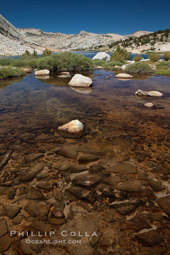 Rocks and stream connecting the two sections of Townsley Lake, with Choo-choo Ridge (11357') visible in the distance. Yosemite National Park, California, USA, natural history stock photograph, photo id 25779