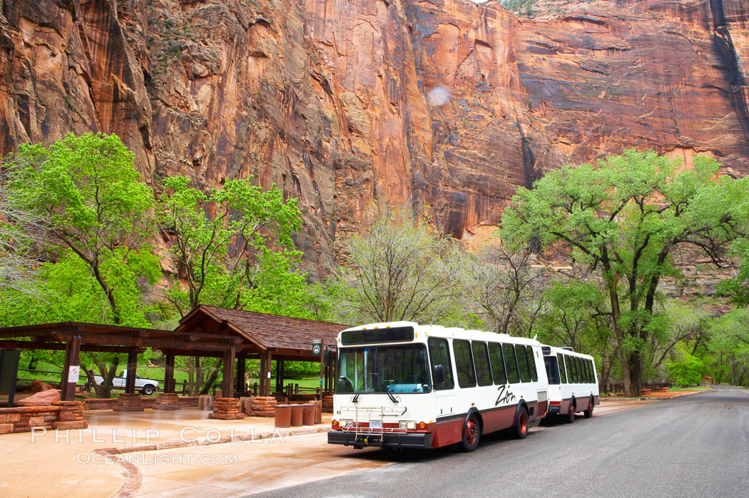 Shuttle buses move visitors throughout the upper Zion Canyon from April through September. Zion National Park, Utah, USA, natural history stock photograph, photo id 12493