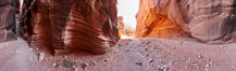 Wire Pass narrows opens into the Buckskin Gulch.  These narrow slot canyons are formed by water erosion which cuts slots deep into the surrounding sandstone plateau.  This is a panorama created from ten individual photographs. Paria Canyon-Vermilion Cliffs Wilderness, Arizona, USA. Image #20705