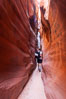 A hiker walking through the Wire Pass narrows.  This exceedingly narrow slot canyon, in some places only two feet wide, is formed by water erosion which cuts slots deep into the surrounding sandstone plateau. Paria Canyon-Vermilion Cliffs Wilderness, Arizona, USA. Image #20715
