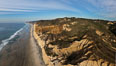 Torrey Pines balloon aerial survey photo.  Torrey Pines seacliffs, rising up to 300 feet above the ocean, stretch from Del Mar to La Jolla. On the mesa atop the bluffs are found Torrey pine trees, one of the rare species of pines in the world. Peregine falcons nest at the edge of the cliffs. This photo was made as part of an experimental balloon aerial photographic survey flight over Torrey Pines State Reserve, by permission of Torrey Pines State Reserve. San Diego, California, USA. Image #27276