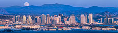 Full Moon Rises over San Diego City Skyline and Mount Laguna, viewed from Point Loma, panoramic photograph. The mountains east of San Diego can be clearly seen when the air is cold, dry and clear as it is in this photo. California, USA. Image #37500