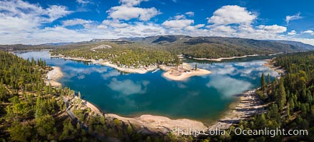 Aerial Panorama of Bass Lake, the water level is low in autumn months and rises again as summer approaches the following year