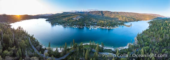 Aerial Panorama of Bass Lake near Oakhurst, California, at sunset