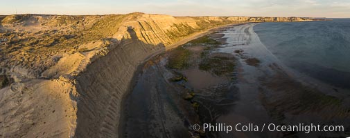 Aerial panorama of sea cliffs and Golfo Nuevo, near Puerto Piramides, Argentina