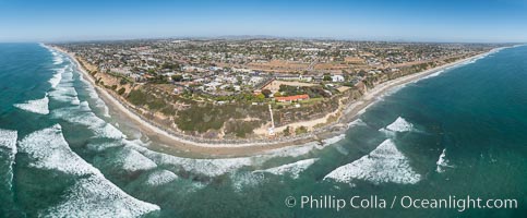 Aerial Panorama Photo of Swamis and Encinitas Coastline. Swamis reef and Self Realization Fellowship.