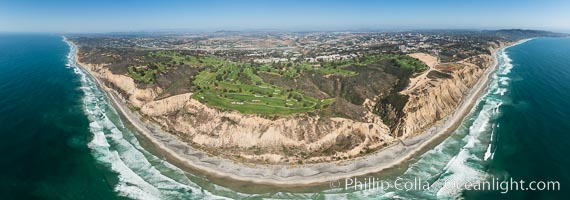 Aerial panorama of Blacks Beach, Torrey Pines Golf Course (south course), and views to La Jolla (south) and Carlsbad (north)