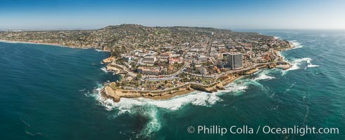 Aerial Panoramic Photo of La Jolla Cove and Scripps Park, Mount Soledad and Downtown La Jolla