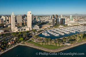 Aerial Phot of Marriott Hotel towers, rising above the Embarcadero Marine Park and yacht marina