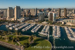 Aerial Phot of Marriott Hotel towers, rising above the Embarcadero Marine Park and yacht marina