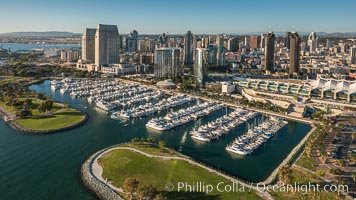 Aerial Phot of Marriott Hotel towers, rising above the Embarcadero Marine Park and yacht marina