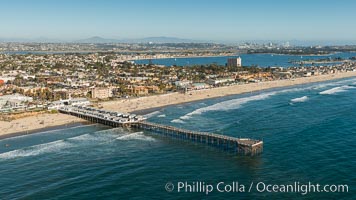 Aerial Photo of Crystal Pier, Pacific Beach. Crystal Pier, 872 feet long and built in 1925, extends out into the Pacific Ocean from the town of Pacific Beach