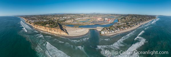 Aerial Panoramic Photo of Del Mar Dog Beach and San Dieguito River. To the left (north) is Solana Beach, to the right (south) is Del Mar with La Jolla's Mount Soledad in the distance.  Beyond the San Dieguito River mouth in the center is the Del Mar Racetrack. California, USA, natural history stock photograph, photo id 30775