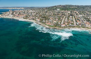 Aerial Photo of La Jolla coastline, showing underwater reefs and Mount Soledad