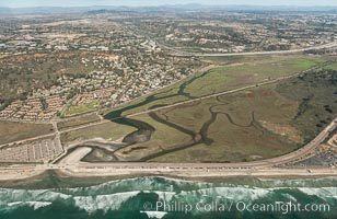 Aerial photo of Los Penasquitos Lagoon. Los Peasquitos Marsh Natural Preserve and Lagoon is a coastal marsh in San Diego County, California, USA situated at the northern edge of the City of San Diego, forming the natural border with Del Mar, California