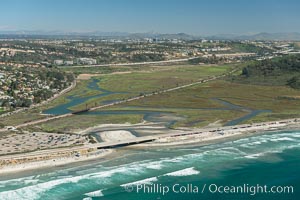 Aerial photo of Los Penasquitos Lagoon. Los Peasquitos Marsh Natural Preserve and Lagoon is a coastal marsh in San Diego County, California, USA situated at the northern edge of the City of San Diego, forming the natural border with Del Mar, California