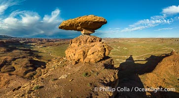 Aerial Photo of Mexican Hat Rock, Utah.  The capstone of Mexican Hat Rock is 60 feet wide by 12 feet high and has two climbing routes