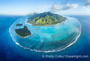 Aerial Photo of the Barrier Reef around Moorea Island, French Polynesia. Motu Tiahura and Motu Fareone are the small islands to the left. The outer reef slope is seen adjacent to deep blue oceanic water with white waves breaking against the reef edge. Next, a wide shallow reef flat occurs dotted with coral bommies. Inside of that, a shallow protected lagoon is formed against the island. Tall, rugged, eroded mountains are seen hinting at the age of the ancient volcano that originally formed the island and that is now sinking back down, leaving the encircling reef behind, Megaptera novaeangliae