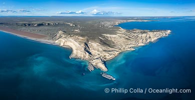 Aerial photo of the Puerto Piramides headlands, part of Golfo Nuevo on Peninsula Valdes, Argentina. By permission of the Government of Argentina, Chubut, permit # 51 / 2025-SsCyA