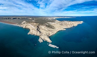Aerial photo of the Puerto Piramides headlands, part of Golfo Nuevo on Peninsula Valdes, Argentina. By permission of the Government of Argentina, Chubut, permit # 51 / 2025-SsCyA