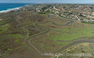 Aerial Photo of San Elijo Lagoon. San Elijo Lagoon Ecological Reserve is one of the largest remaining coastal wetlands in San Diego County, California, on the border of Encinitas, Solana Beach and Rancho Santa Fe