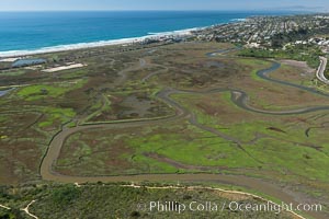 Aerial Photo of San Elijo Lagoon. San Elijo Lagoon Ecological Reserve is one of the largest remaining coastal wetlands in San Diego County, California, on the border of Encinitas, Solana Beach and Rancho Santa Fe