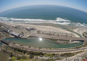 Aerial Photo of San Elijo Lagoon and Cardiff Reef beach. San Elijo Lagoon Ecological Reserve is one of the largest remaining coastal wetlands in San Diego County, California, on the border of Encinitas, Solana Beach and Rancho Santa Fe