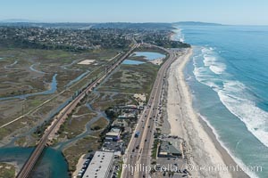 Aerial Photo of San Elijo Lagoon and Cardiff Reef beach. San Elijo Lagoon Ecological Reserve is one of the largest remaining coastal wetlands in San Diego County, California, on the border of Encinitas, Solana Beach and Rancho Santa Fe