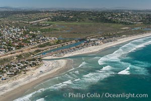 Aerial Photo of San Elijo Lagoon and Cardiff Reef beach. San Elijo Lagoon Ecological Reserve is one of the largest remaining coastal wetlands in San Diego County, California, on the border of Encinitas, Solana Beach and Rancho Santa Fe