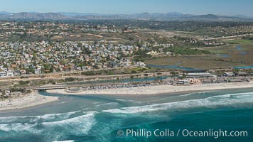 Aerial Photo of San Elijo Lagoon and Cardiff Reef beach. San Elijo Lagoon Ecological Reserve is one of the largest remaining coastal wetlands in San Diego County, California, on the border of Encinitas, Solana Beach and Rancho Santa Fe