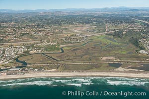 Aerial Photo of San Elijo Lagoon. San Elijo Lagoon Ecological Reserve is one of the largest remaining coastal wetlands in San Diego County, California, on the border of Encinitas, Solana Beach and Rancho Santa Fe