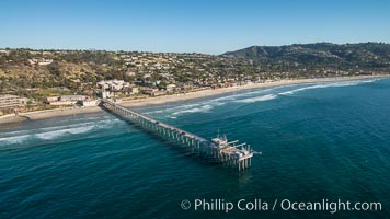 Aerial Photo of Scripps Pier. SIO Pier. The Scripps Institution of Oceanography research pier is 1090 feet long and was built of reinforced concrete in 1988, replacing the original wooden pier built in 1915. The Scripps Pier is home to a variety of sensing equipment above and below water that collects various oceanographic data. The Scripps research diving facility is located at the foot of the pier. Fresh seawater is pumped from the pier to the many tanks and facilities of SIO, including the Birch Aquarium. The Scripps Pier is named in honor of Ellen Browning Scripps, the most significant donor and benefactor of the Institution