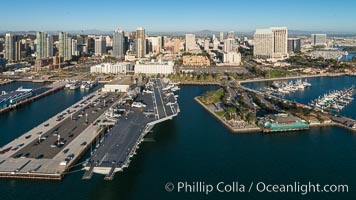 Downtown San Diego and USS Midway. The USS Midway was a US Navy aircraft carrier, launched in 1945 and active through the Vietnam War and Operation Desert Storm, as of 2008 a museum along the downtown waterfront in San Diego