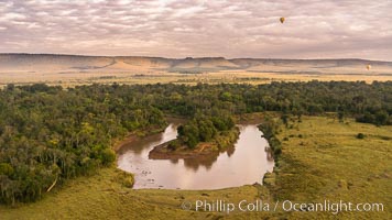 Aerial view of the Mara River, Maasai Mara, Kenya.  Photo taken while hot air ballooning at sunrise, Maasai Mara National Reserve