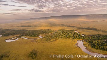 Aerial view of the Mara River, Maasai Mara, Kenya.  Photo taken while hot air ballooning at sunrise, Maasai Mara National Reserve