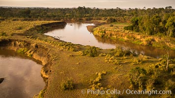 Aerial view of the Mara River, Maasai Mara, Kenya.  Photo taken while hot air ballooning at sunrise, Maasai Mara National Reserve