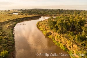 Aerial view of the Mara River, Maasai Mara, Kenya.  Photo taken while hot air ballooning at sunrise, Maasai Mara National Reserve