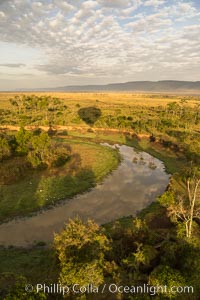 Aerial view of the Mara River, Maasai Mara, Kenya.  Photo taken while hot air ballooning at sunrise, Maasai Mara National Reserve